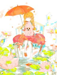 Rule 34 | 1girl, afloat, ajisai (ajicider), bench, braid, bubble skirt, circle skirt, closed eyes, closed mouth, commentary request, facing viewer, flower, full body, hand on lap, hand up, head tilt, highres, holding, holding umbrella, lily pad, long hair, long skirt, long sleeves, lotus, lotus pod, madotsuki, on bench, orange hair, painterly, pink flower, pink sweater, pond, print sweater, red skirt, ribbed socks, shoes, single shoe, sitting, skirt, socks, solo, straight-on, sweater, turtleneck, turtleneck sweater, twin braids, umbrella, water, white background, white socks, yume nikki