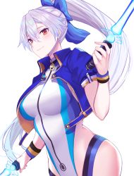 Rule 34 | 1girl, blue bow, blue jacket, blue one-piece swimsuit, blush, bow, breasts, competition swimsuit, dual wielding, energy sword, fate/grand order, fate (series), hair between eyes, hair bow, highleg, highleg swimsuit, highres, holding, jacket, large breasts, long hair, looking at viewer, one-piece swimsuit, ponytail, red eyes, short sleeves, silver hair, slit pupils, smile, swimsuit, sword, tomoe gozen (fate), tomoe gozen (swimsuit saber) (fate), tomoe gozen (swimsuit saber) (first ascension) (fate), two-tone swimsuit, udon (udonalium), weapon, weapon girlsn, white background, white one-piece swimsuit