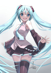 Rule 34 | 1girl, 2022, :d, as4gi, black skirt, black sleeves, black thighhighs, blue eyes, blue hair, blue necktie, collared shirt, detached sleeves, dress shirt, floating hair, gradient background, grey background, grey shirt, hair between eyes, hair ornament, hatsune miku, long hair, long sleeves, looking at viewer, miniskirt, necktie, open mouth, pleated skirt, shirt, signature, skirt, sleeveless, sleeveless shirt, smile, solo, standing, thighhighs, twintails, very long hair, vocaloid, wing collar, zettai ryouiki