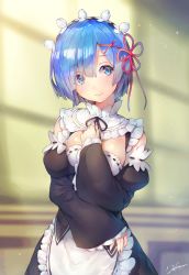Rule 34 | 10s, 1girl, apron, bare shoulders, black dress, blue eyes, blue hair, blurry, blurry background, breasts, closed mouth, deecha, depth of field, detached collar, detached sleeves, dress, frills, hair between eyes, hair ornament, hair ribbon, hairband, hand on own chest, head tilt, highres, juliet sleeves, light particles, long sleeves, looking at viewer, maid, maid apron, medium breasts, puffy sleeves, re:zero kara hajimeru isekai seikatsu, red ribbon, rem (re:zero), ribbon, ribbon trim, short hair, signature, sleeves past wrists, smile, solo, standing, upper body, white apron, wide sleeves, x hair ornament