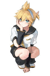 Rule 34 | 1boy, artist name, black shorts, black sleeves, blonde hair, blue eyes, bored, closed mouth, detached sleeves, hand on own face, highres, kagamine len, looking at viewer, shirt, short sleeves, shorts, solo, squatting, vocaloid, white shirt, wumumu