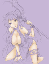 Rule 34 | 1girl, arm support, armlet, artist request, athena, bent over, bracelet, breasts, cleavage, dress, jewelry, kido saori, kneeling, large breasts, lips, lipstick, long hair, looking at viewer, lots of jewelry, makeup, matching hair/eyes, purple eyes, purple hair, sabano, saint seiya, scepter, sketch, smile, solo, spread legs, thigh strap