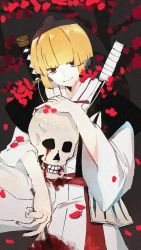 Rule 34 | 1boy, black background, black eyes, blonde hair, blood, blood on clothes, bloody weapon, bowl cut, closed mouth, feet out of frame, fingernails, jigokuraku, katana, long sleeves, looking at viewer, male focus, pale skin, petals, rose petals, scalpel, sheath, sheathed, shoichi0326, short hair, skull, sleeves past elbows, smile, solo, solo focus, sword, tree, weapon, weapon on back, yamada asaemon fuchi