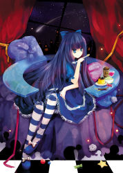 Rule 34 | 10s, 1girl, aqua eyes, black hair, checkered floor, cup, curtains, floor, flower, food, hair ribbon, hiragi rin, light smile, long hair, night, night sky, panty &amp; stocking with garterbelt, pocky, pudding, ribbon, rose, sitting, sky, solo, spoon, star (sky), star (symbol), starry sky, stocking (psg), striped clothes, striped thighhighs, surreal, thighhighs, white flower, white rose, window