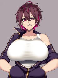 Rule 34 | 1girl, absurdres, breasts, brown hair, collarbone, earrings, grey background, hands in pockets, highres, hz (666v), jacket, jewelry, large breasts, looking at viewer, messy hair, multicolored hair, open clothes, open jacket, original, pink eyes, pink hair, shirt, short hair, simple background, sleeves rolled up, solo, two-tone hair, upper body, zipper