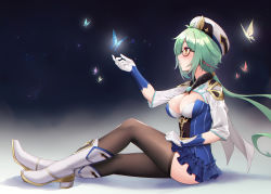 Rule 34 | 1girl, absurdres, beret, blue dress, blue gloves, boots, breasts, brown eyes, brown thighhighs, cleavage, closed mouth, crystalfly (genshin impact), dress, from side, full body, fur collar, genshin impact, glasses, gloves, gold trim, green hair, hand up, hat, highres, long hair, looking at animal, low ponytail, medium breasts, short dress, shrug (clothing), shuumatsu no uchuu, solo, sucrose (genshin impact), thighhighs, thighs, two-tone gloves, vision (genshin impact), white footwear, white gloves, zettai ryouiki
