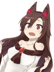 Rule 34 | 1girl, animal ear fluff, animal ears, bare shoulders, blush, breasts, brooch, brown hair, collarbone, commentary, dress, hair between eyes, highres, imaizumi kagerou, jewelry, long hair, long sleeves, looking at viewer, medium breasts, off-shoulder dress, off shoulder, open mouth, red eyes, sidelocks, simple background, solo, touhou, tyouseki, upper body, white background, white dress, wide sleeves, wolf ears