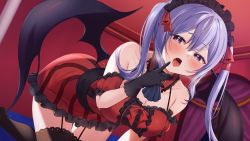 Rule 34 | 1girl, bare shoulders, bat wings, bent over, black gloves, black thighhighs, black wings, blush, breasts, cleavage, collarbone, detached collar, dress, dutch angle, frilled dress, frills, garter straps, gloves, hair between eyes, heart, heart-shaped pupils, heavy breathing, highres, indie virtual youtuber, indoors, kefilia neil, large breasts, leaning forward, long hair, looking at viewer, maid headdress, nekomitei, official art, open mouth, purple eyes, purple hair, red dress, saliva, sidelocks, solo, symbol-shaped pupils, thighhighs, tongue, tongue out, two side up, virtual youtuber, wings