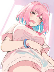 Rule 34 | 1girl, asutora, blue hair, blush, breasts, collar, commentary request, hair intakes, idolmaster, idolmaster cinderella girls, large breasts, multicolored hair, navel, open mouth, pink collar, pink eyes, pink hair, shirt, short hair, solo, t-shirt, two-tone hair, wavy mouth, white shirt, yumemi riamu