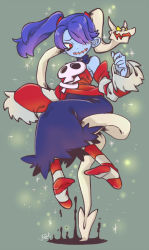 Rule 34 | 1girl, blue hair, blue skin, blush, colored skin, detached collar, detached sleeves, dress, green background, hair over one eye, k10-m, leviathan (skullgirls), open mouth, red eyes, side ponytail, sitting, sitting on person, skullgirls, smile, socks, solo, sparkle, squigly (skullgirls), stitched mouth, stitches, striped clothes, striped sleeves, striped socks, zombie
