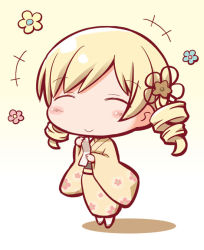 Rule 34 | 10s, 1girl, alternate costume, blonde hair, blush, chibi, closed eyes, dress, drill hair, floral print, flower, gerotan, hair flower, hair ornament, japanese clothes, kimono, long sleeves, mahou shoujo madoka magica, mahou shoujo madoka magica (anime), sash, smile, solo, tomoe mami, twin drills, twintails, yellow dress