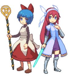 Rule 34 | 2girls, armor, blue eyes, blue hair, blunt bangs, bob cut, bow, breasts, brown footwear, closed mouth, dress, elona, eyebrows, facing away, full body, greaves, hair between eyes, hair bow, hair ribbon, hairband, hand on own chest, holding, holding staff, holding sword, holding weapon, legs apart, loafers, long hair, lowres, multiple girls, no nose, over-kneehighs, pixel art, purple eyes, purple legwear, red bow, red hair, ribbon, shoes, short hair, simple background, sleeves past wrists, small breasts, smile, staff, standing, straight hair, sword, tareme, thighhighs, turtleneck, vambraces, very long hair, vixiv, warrior of elea (female), weapon, white background, white hairband, white ribbon, wizard, wizard of elea (female), zettai ryouiki