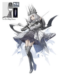 Rule 34 | 1girl, absurdres, asymmetrical gloves, black footwear, boots, crown, fingerless gloves, franlol, gloves, highres, holding, holding sword, holding weapon, hollow knight, long hair, looking at viewer, mismatched gloves, pale king (hollow knight), simple background, solo, standing, sword, thigh boots, thighhighs, thighs, weapon, white background, white hair