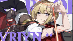 1girl absurdres arm_strap armpits black_coat blonde_hair breasts character_name coat commentary_request elbow_gloves evelyn_chevalier gloves hair_up highres mindscape_cinema_(zenless_zone_zero) mole mole_under_eye necktie partial_commentary purple_eyes shiranui_(nisioisin_sinob) single_elbow_glove solo two-tone_gloves yellow_necktie zenless_zone_zero