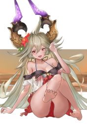 Rule 34 | 1girl, ahoge, arm support, bad id, bad pixiv id, bare shoulders, barefoot, beach, bikini, bikini under clothes, border, breasts, cleavage, collarbone, draph, flower, granblue fantasy, grey hair, hair between eyes, hair flower, hair ornament, hand up, hibiscus, horns, large breasts, leg up, legs, long hair, looking at viewer, neckerchief, off shoulder, open mouth, red bikini, red eyes, red neckerchief, red skirt, reido (reido c), sailor collar, see-through, shirt, sitting, skirt, smile, solo, swimsuit, thighs, threo (granblue fantasy), twilight, very long hair, white border, white shirt