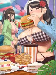 Rule 34 | bikini, blush, breasts, brown hair, burger, cake, cup, curvy, disposable cup, drinking straw, drooling, earrings, eating, fat, flower, food, french fries, hair flower, hair ornament, highres, hood, hoodie, jewelry, large breasts, long hair, mole, mole under eye, multiple girls, navel, original, outdoors, parasol, plump, ryokucha michi, strawberry shortcake, swimsuit, umbrella