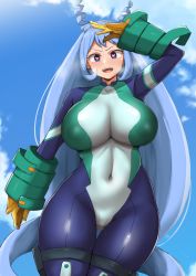 Rule 34 | 1girl, :d, blue bodysuit, blue eyes, blue hair, blue sky, bodysuit, boku no hero academia, breasts, cloud, cloudy sky, covered navel, gloves, gluteal fold, hadou nejire, hair horns, heart, heart-shaped pupils, heavy breathing, huge breasts, long hair, open mouth, pussy juice, pussy juice drip, pussy juice drip through clothes, salute, sky, smile, straight hair, symbol-shaped pupils, very long hair, yamaori, yellow gloves