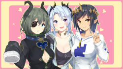 Rule 34 | &gt;:), 3girls, nanashi inc., :d, :o, aqua eyes, arm around waist, black hair, black shirt, blue hair, blue jacket, blush, breasts, cleavage, collar, collarbone, dark-skinned female, dark skin, drawstring, eyepatch, fur-trimmed sleeves, fur trim, grey hair, heart, high collar, honey strap, hood, hood down, hoodie, horns, irohara, jacket, large breasts, long sleeves, looking at viewer, mole, mole under eye, multiple girls, no bra, one eye covered, open clothes, open jacket, open mouth, parted bangs, partially unbuttoned, pink background, pointy ears, purple eyes, sekishiro mico, shimamura charlotte, shirt, short hair, side ponytail, sleeves past fingers, sleeves past wrists, smile, sougetsu eli, sparkle, two-tone background, upper body, v, virtual youtuber, yellow eyes