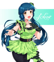 Rule 34 | absurdres, blue hair, bracelet, gloves, hair ornament, highres, idolmaster, idolmaster million live!, jewelry, kitakami reika, looking at viewer, necklace, open mouth, orange eyes, pearl bracelet, pearl necklace, reaching, reaching towards viewer, single glove, smile, solo