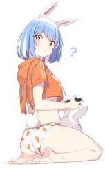 Rule 34 | 1girl, ?, absurdres, alternate hairstyle, animal ear fluff, animal ears, animal hood, ass, bare legs, barefoot, blue hair, blush, breasts, cloba, commentary, controller, cropped jacket, drawstring, feet, food print, from side, highres, hololive, hood, hood down, hoodie, looking at viewer, looking back, medium breasts, multicolored hair, no pants, orange eyes, panties, print panties, rabbit ears, rabbit girl, rabbit tail, seiza, short eyebrows, short hair, short sleeves, sitting, skindentation, soles, solo, stuffed toy, symbol-only commentary, tail, thick eyebrows, thighs, two-tone hair, underwear, usada pekora, virtual youtuber