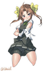 Rule 34 | 10s, 1girl, adjusting clothes, adjusting gloves, ahoge, bike shorts, black skirt, black vest, blush, bow, brown hair, collared shirt, cowboy shot, cropped legs, ebifurya, gloves, gluteal fold, green ribbon, hair bow, highres, kagerou (kancolle), kantai collection, long hair, looking at viewer, neck ribbon, open mouth, outstretched hand, panties, panties under bike shorts, pleated skirt, purple eyes, ribbon, shirt, short sleeves, shorts, shorts under skirt, sidelocks, simple background, skirt, sleeveless, smile, solo, twintails, twitter username, underwear, vest, white background, white gloves, white shirt, yellow bow