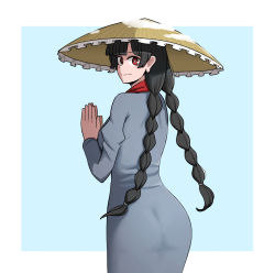 Rule 34 | 1girl, ajirogasa, ass, ass focus, black hair, blue background, braid, breasts, commentary, cowboy shot, dress, earlobes, english commentary, grey dress, hat, highres, large breasts, long earlobes, long hair, long sleeves, looking at viewer, looking back, mata (matasoup), own hands together, palms together, red eyes, red neckwear, simple background, skin tight, smile, snow, solo, touhou, twin braids, two-tone background, white background, yatadera narumi