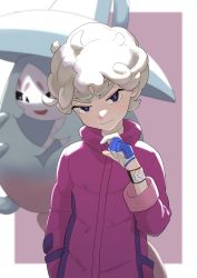 Rule 34 | 1boy, ahoge, bede (pokemon), black eyes, blonde hair, blurry, border, bright pupils, closed mouth, coat, commentary request, creatures (company), curly hair, dynamax band, game freak, gen 8 pokemon, gloves, hagi 753, hand up, hatterene, highres, looking at viewer, male focus, nintendo, outside border, partially fingerless gloves, pokemon, pokemon (creature), pokemon swsh, purple coat, short hair, smile, white border