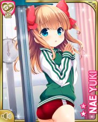 Rule 34 | 1girl, ass, blue eyes, brown hair, buruma, character name, from behind, girlfriend (kari), gym uniform, jacket, long hair, looking back, measuring, official art, own hands together, qp:flapper, ribbon, solo, stadiometer, track jacket, twintails, two side up, yuuki nae