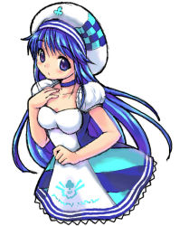 Rule 34 | 1girl, arin, beret, blue hair, choker, dress, hat, impossible clothes, long hair, no legs, pangya, piko (mea), purple eyes, simple background, solo, white background