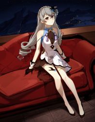 Rule 34 | 1girl, 2757956654, absurdres, black footwear, black gloves, braid, bronya zaychik, bronya zaychik (haxxor bunny), china dress, chinese clothes, closed mouth, couch, cushion, dress, drill hair, floor, full body, gloves, grey eyes, grey hair, hair between eyes, hair ornament, highres, honkai (series), honkai impact 3rd, looking at viewer, painting (object), shoes, sitting, sleeveless, sleeveless dress, smile, solo, twin drills, white dress