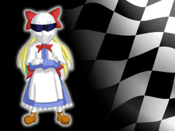 Rule 34 | 1girl, apron, bad id, bad pixiv id, blonde hair, bow, capelet, checkered flag, chenowski, crossed arms, dress, female focus, flag, helmet, long hair, looking at viewer, parody, shanghai doll, the stig, top gear, touhou
