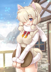 Rule 34 | 10s, 1girl, alpaca ears, alpaca suri (kemono friends), alpaca tail, animal ears, breast pocket, dated, day, fur-trimmed sleeves, fur collar, fur trim, hair over one eye, inoue tomii, kemono friends, long sleeves, looking at viewer, medium hair, no pants, open mouth, outdoors, pocket, purple eyes, scarf, smile, solo, standing, sweater, tail, upper body, v arms