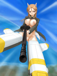 Rule 34 | 00s, 1girl, animal ears, bottomless, breasts, brown eyes, brown hair, flying, gun, large breasts, long hair, mecha, midair, minna-dietlinde wilcke, nipples, no panties, open clothes, open shirt, pussy, rasukaru, rifle, robot, shirt, solo, strike witches, uncensored, weapon, world witches series