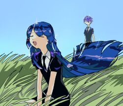 Rule 34 | 1boy, 1girl, = =, arm support, behind another, belt, black necktie, blue hair, blue sky, blunt ends, collared shirt, commentary request, cosplay, crystal hair, day, floating hair, gem uniform (houseki no kuni), gwaaa 4649, hair ornament, hairclip, half updo, highres, hime cut, houseki no kuni, jitome, kenmochi touya, leaning forward, long hair, looking at another, necktie, nijisanji, on grass, open mouth, outdoors, parody, puffy short sleeves, puffy sleeves, shirt, short hair, short sleeves, sidelocks, sitting, sky, smile, sparkle, standing, thighhighs, tsukino mito, v arms, very long hair, virtual youtuber, white belt, white shirt, white thighhighs, wind