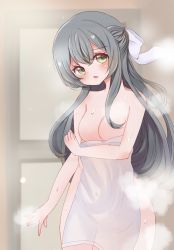 Rule 34 | 1girl, absurdres, arm at side, arm under breasts, assault lily, blurry, blurry background, blush, bow, breasts, cleavage, commentary request, covering privates, cowboy shot, crossed bangs, green eyes, green hair, hair bow, half updo, hand up, head tilt, highres, holding, holding towel, indoors, irastmanaby, long hair, looking at viewer, medium breasts, no nipples, nude, nude cover, parted lips, raised eyebrows, sidelocks, solo, standing, steam, toki kureha, towel, water drop, wet, white bow