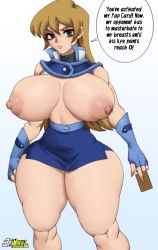 Rule 34 | 1girl, breasts, english text, highres, jay-marvel, konami, large breasts, lips, looking at viewer, navel, nipples, pink lips, standing, tagme, tenjouin asuka, thick thighs, thighs, wide hips, yu-gi-oh!, yu-gi-oh! gx