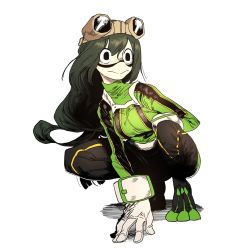 Rule 34 | 1girl, asui tsuyu, black eyes, black pants, blue bodysuit, bodysuit, boku no hero academia, closed mouth, domino mask, full body, gloves, goggles, goggles on head, green hair, highres, long hair, low-tied long hair, mask, no nose, pants, simple background, solo, squatting, ssambatea, white background, white gloves