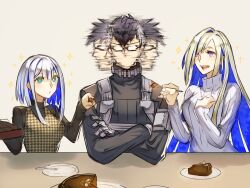Rule 34 | 1boy, 2girls, aslaug (fate), black hair, black sweater, blue hair, bright pupils, brynhildr (fate), cake, chocolate cake, colored inner hair, commentary request, crossed arms, diagonal bangs, fate/grand order, fate (series), food, fork, glasses, green eyes, highres, holding, holding fork, kashia, looking at another, multicolored hair, multiple girls, open mouth, parody, purple eyes, sigurd (fate), sweater, the weaker sex 1 (gibson), two-tone hair, white hair, white pupils