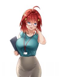 Rule 34 | 1girl, :d, ahoge, bare arms, blue eyes, blue shirt, breasts, collarbone, glasses, go-toubun no hanayome, grey skirt, hair intakes, hair ornament, hand in own hair, highres, holding, large breasts, long hair, looking at viewer, looking over eyewear, nakano itsuki, open mouth, pencil skirt, rectangular eyewear, red-framed eyewear, red hair, shirt, simple background, skirt, sleeveless, sleeveless shirt, smile, solo, standing, star (symbol), star hair ornament, white background, zasshu