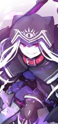 Rule 34 | 1girl, abigail williams (third ascension) (fate), absurdres, animal hood, bad id, bad twitter id, black capelet, black leotard, capelet, collar, commentary request, fate/grand order, fate (series), glowing, glowing eyes, grin, highres, hood, hood up, hooded capelet, leotard, long hair, looking at viewer, medusa (fate), medusa (lancer) (fate), medusa (rider) (fate), purple hair, red collar, rider, sharp teeth, silver hair, smile, solo, teeth, very long hair, wada kazu