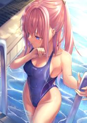 Rule 34 | 1girl, alternate hairstyle, blue eyes, blue one-piece swimsuit, breasts, competition swimsuit, covered navel, cowboy shot, girls&#039; frontline, highleg, highleg swimsuit, highres, medium breasts, multicolored hair, one-piece swimsuit, pink hair, ponytail, pool, pool ladder, solo, st ar-15 (girls&#039; frontline), streaked hair, swimsuit, thighs, water, xlscaler