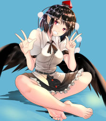 Rule 34 | 1girl, barefoot, belt, bird wings, black belt, black hair, black ribbon, black skirt, black wings, breasts, collared shirt, double v, feathered wings, frilled skirt, frills, greek toe, grin, hat, highres, hizagawa rau, indian style, blue background, medium breasts, pointy ears, pom pom (clothes), puffy short sleeves, puffy sleeves, red eyes, red hat, ribbon, shameimaru aya, shirt, short hair, short sleeves, simple background, sitting, skirt, smile, soles, tengu, toes, tokin hat, touhou, v, white shirt, wings