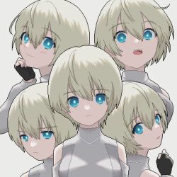 Rule 34 | 5girls, :o, album cover, animated, animated gif, bare shoulders, black gloves, blinking, blonde hair, blue eyes, blush, breasts, clone, closed mouth, cover, dithering, gloves, grey background, grey shirt, hair between eyes, hand on own chin, hand up, hoshimiya toto, indie virtual youtuber, looking at viewer, looping animation, medium breasts, multiple girls, narume, open mouth, pixel art, shirt, short hair, simple background, sleeveless, sleeveless shirt, smile, turtleneck, upper body, virtual youtuber