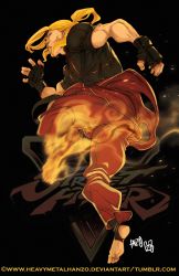 Rule 34 | 1boy, biceps, black background, blonde hair, capcom, fingerless gloves, fire, gloves, highres, ken masters, male focus, metalhanzo, muscular, ponytail, short ponytail, simple background, solo, street fighter, street fighter v, toeless legwear, toes