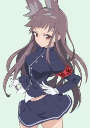 Rule 34 | 1girl, absurdres, animal ears, armband, azur lane, bad id, bad twitter id, blue background, blue jacket, blue skirt, brown eyes, brown hair, closed mouth, cowboy shot, donguri suzume, frown, gloves, highres, jacket, long hair, long sleeves, looking at viewer, myoukou (azur lane), pleated skirt, school uniform, simple background, skirt, solo, standing, v-shaped eyebrows, white gloves