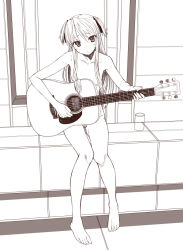 Rule 34 | 1girl, acoustic guitar, barefoot, completely nude, feet, flat chest, greyscale, guitar, instrument, long hair, looking at viewer, monochrome, nipples, nude, pussy, quiz magic academy, shalon, sitting, solo, uncensored, yada ei