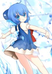Rule 34 | 1girl, bad id, bad pixiv id, blue eyes, blue hair, cirno, dress, female focus, from behind, gradient background, hair ribbon, haruta (806060), matching hair/eyes, ribbon, solo, touhou, white background