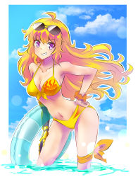 Rule 34 | 1girl, ahoge, bikini, blonde hair, blue sky, blush, breasts, cloud, commentary request, contrapposto, eyewear on head, flame print, floating hair, grin, halterneck, hand on own hip, hand on own thigh, highres, iesupa, large breasts, leaning forward, leg ribbon, long hair, looking at viewer, prosthesis, prosthetic arm, purple eyes, ribbon, rwby, scrunchie, sky, smile, solo, sunglasses, swimsuit, thigh ribbon, wading, water, wavy hair, wrist scrunchie, yang xiao long, yellow ribbon