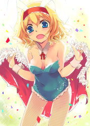 Rule 34 | 1girl, alice margatroid, animal ears, blonde hair, blue eyes, blush, bow, breasts, cape, cleavage, collarbone, confetti, female focus, fishnet pantyhose, fishnets, hairband, leotard, looking at viewer, open mouth, pantyhose, playboy bunny, rabbit ears, short hair, sleeveless, solo, touhou, wrist cuffs, yuu (kfc)
