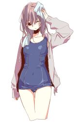 Rule 34 | 1girl, arm up, blue one-piece swimsuit, blush, breasts, brown eyes, brown hair, closed mouth, collarbone, cowboy shot, cropped legs, drying, drying hair, hair between eyes, highres, hood, hoodie, long hair, matsuda hikari, one-piece swimsuit, open clothes, open hoodie, original, school swimsuit, simple background, sleeves past wrists, small breasts, solo, swimsuit, towel, white background